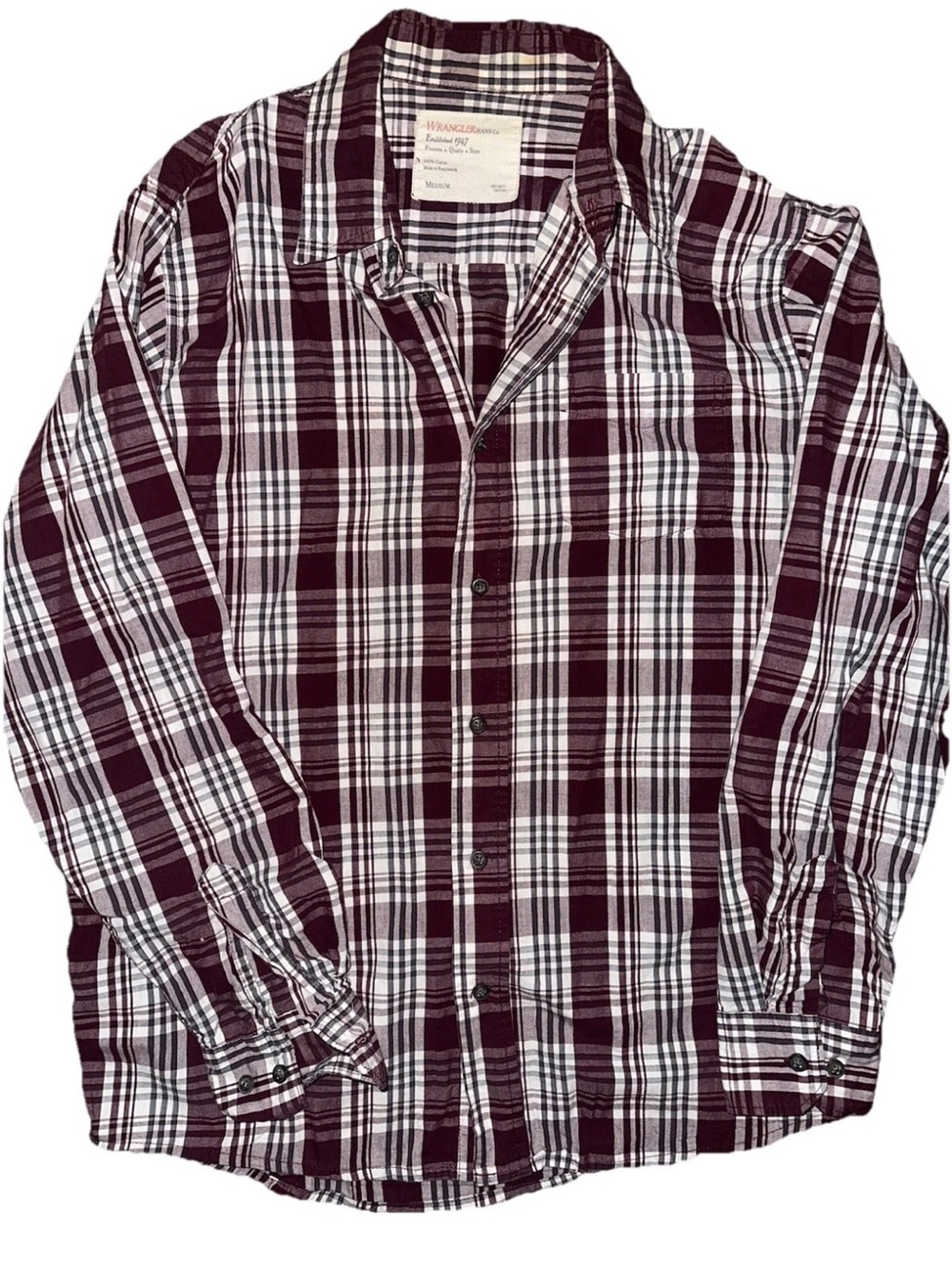 Wrangler Men's Maroon and White Plaid Button-Down Shirt